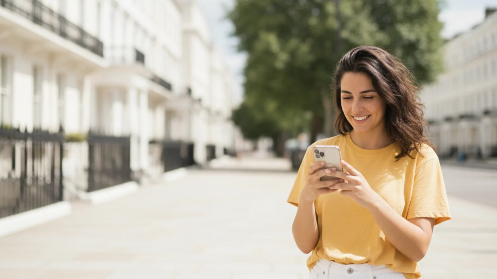 Viajera conectada en el Reino Unido con una eSIM de datos de eSIM Reino Unido